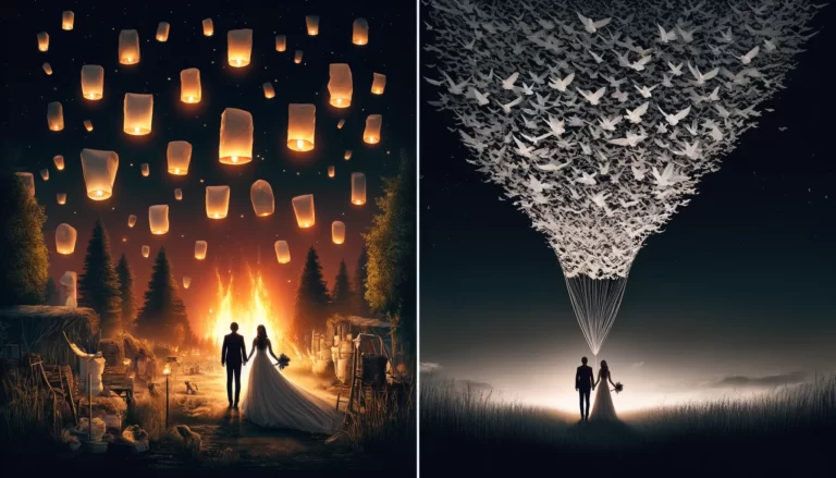 Un mariage en plein air avec des lanternes flottantes dans le ciel nocturne, représentant les risques d'incendies de forêt, d'animaux blessés et de débris polluants, à côté d'une alternative écologique avec un lâcher de colombes blanches en plein vol, symbolisant la paix et la sécurité.